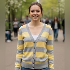 GAP Sweater Womens Size S Yellow Gray Rugby Cashmere‎ Blend Y2K Cardigan Vintage